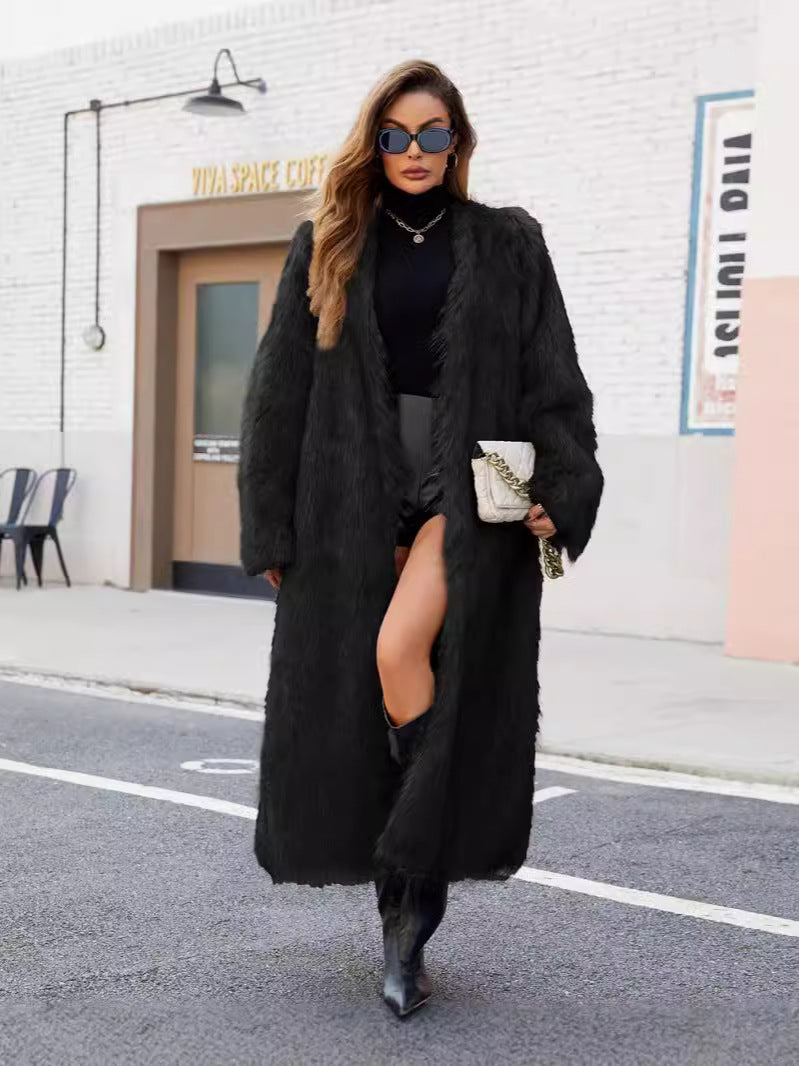 Flowering Girl Women verna V-neck long imitation fur coat