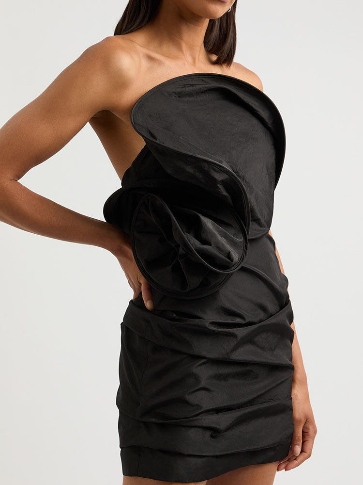 Flowering Girl Women Strapless Ruffled Taffeta Mini Dress in Black