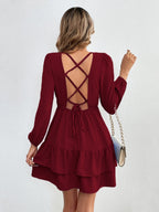 Flowering Girl Women Backless tie-up ruffle long-sleeved dress in blue