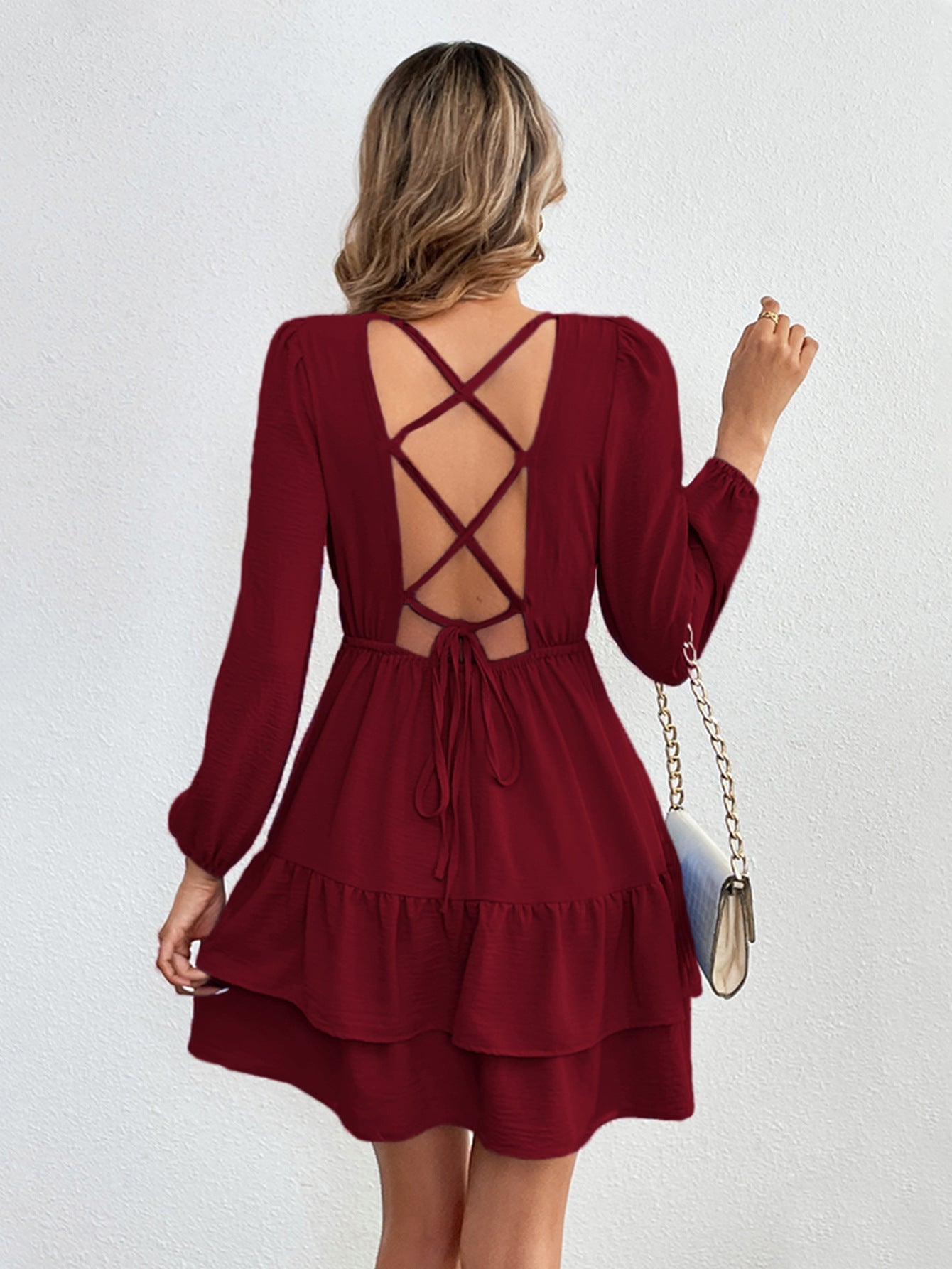 Flowering Girl Women Backless tie-up ruffle long-sleeved dress in blue