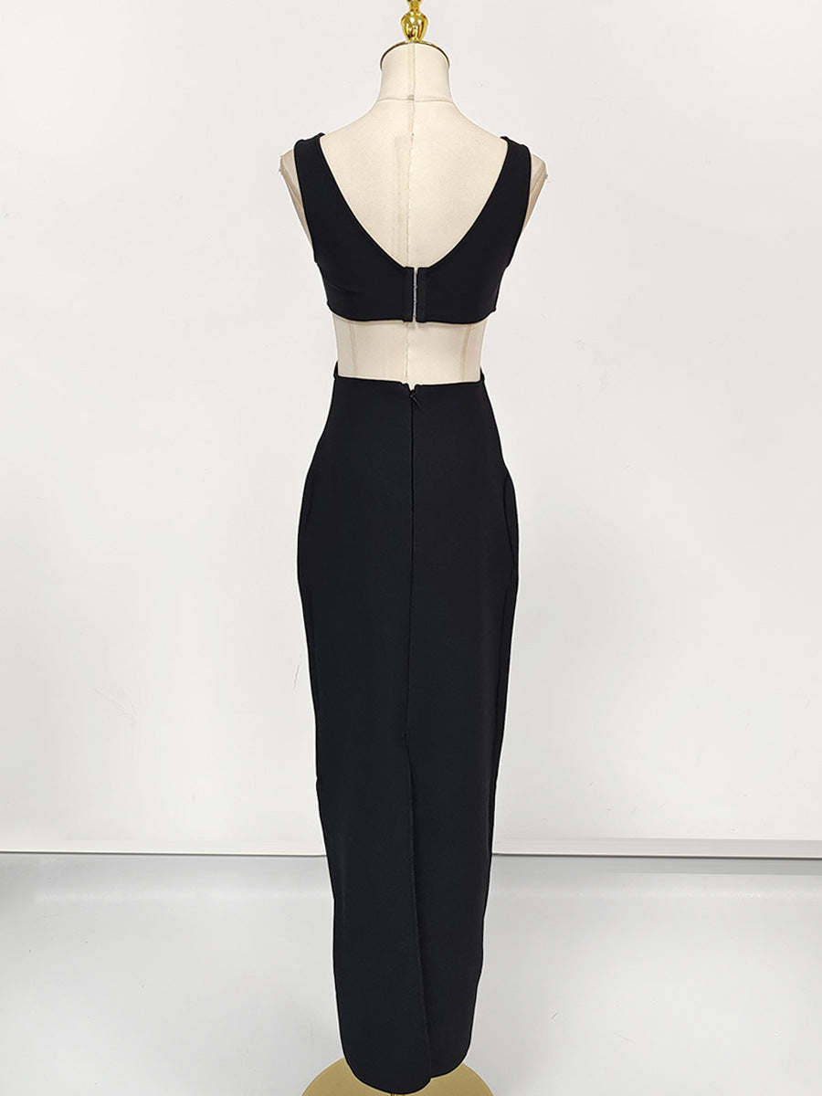 flower V-neck Hollow Out maxi Dress in black