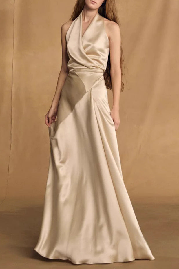 Flowering Girl Women kay Champagne crepe bias-cut satin halter maxi dress