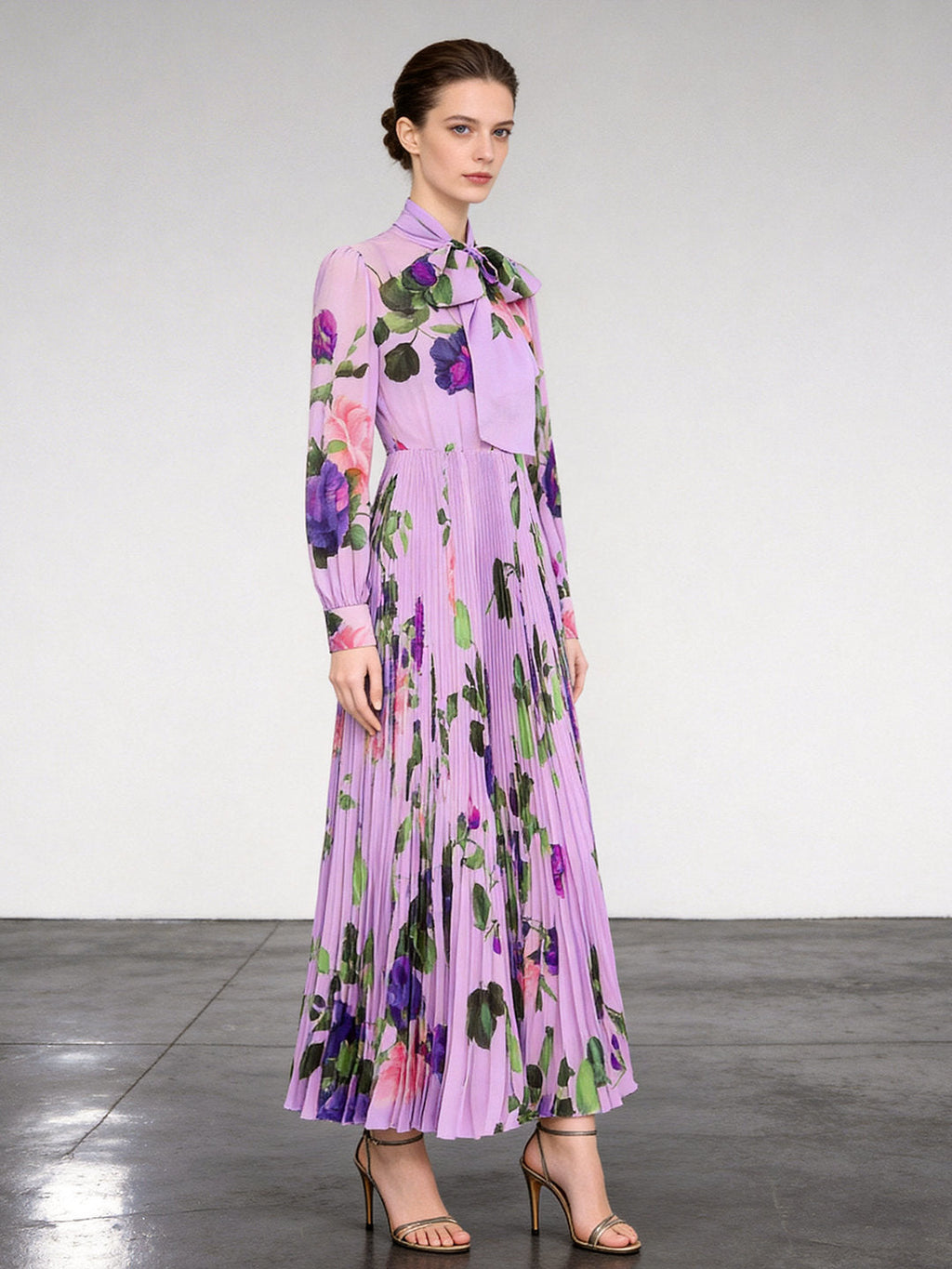 Purple Floral Printed Long Sleeve Pleated Dress