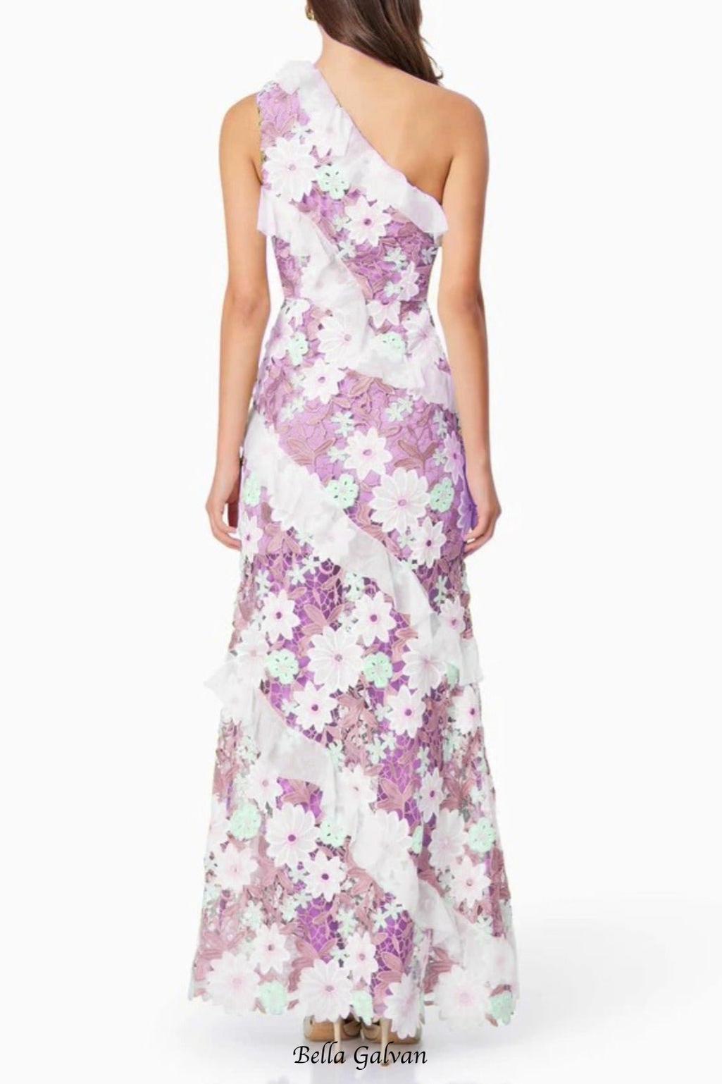 Floral One Shoulder Lace Maxi Dress in purple