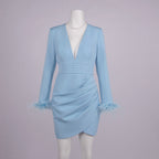 deep V-neck feather sleeve blazer mini dress - Light blue