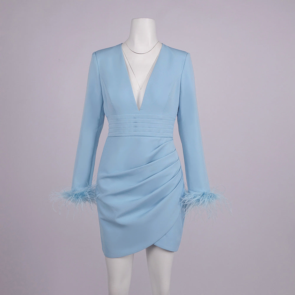 deep V-neck feather sleeve blazer mini dress - Light blue