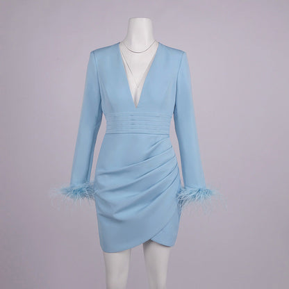 deep V-neck feather sleeve blazer mini dress - Light blue