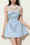 Lace Rhinestone Collar Big Bow Satin A-Line Mini Dress