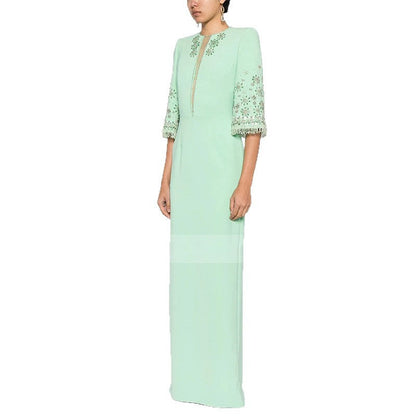 mesh splicing bead diamond mid-sleeve mint green long dress