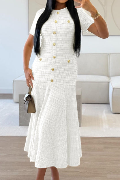 white buttons short sleeves maxi dress