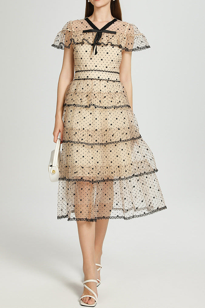 Floral Embroidery Pleated Mesh Midi Dress In Apricot