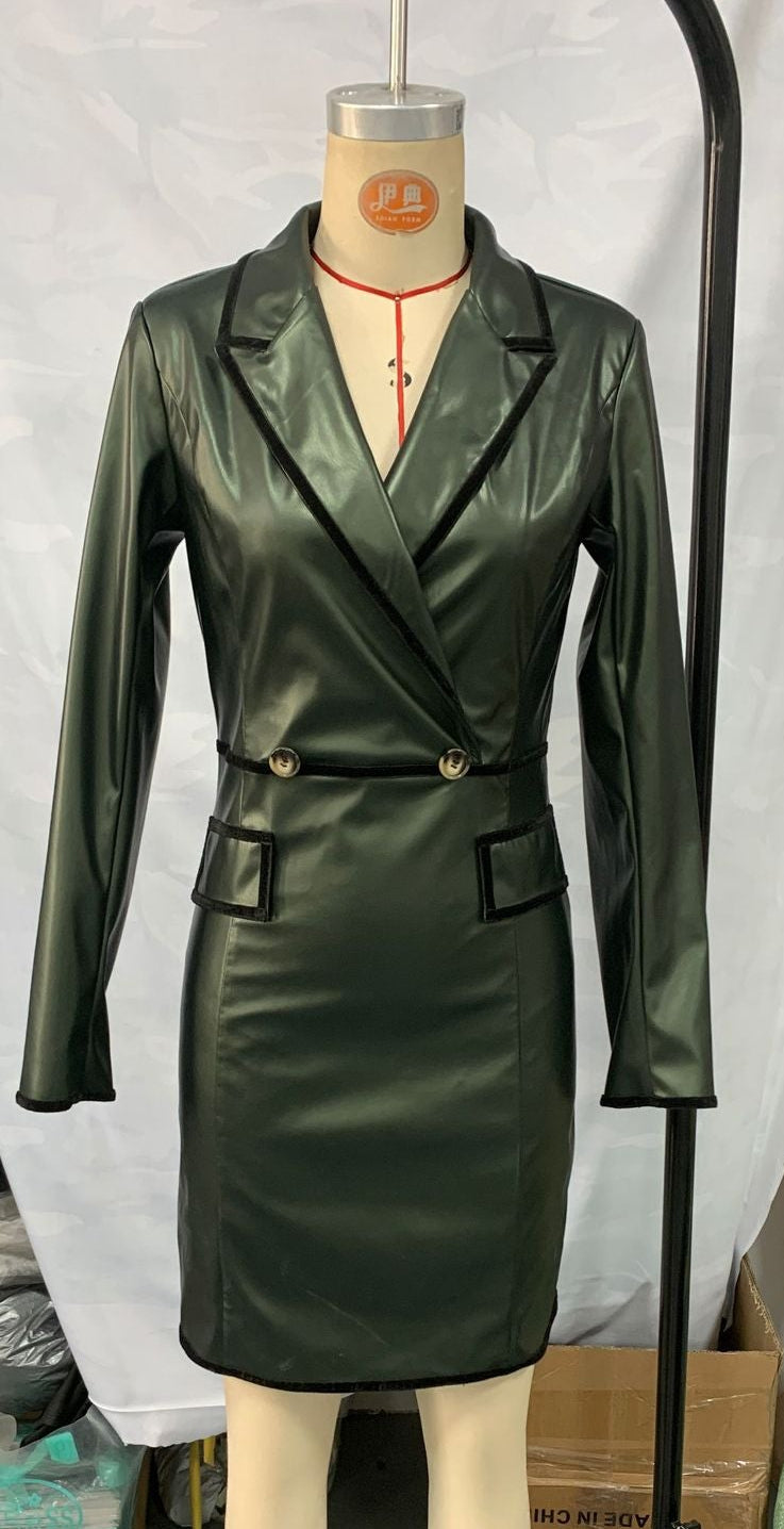 Flowering Girl Women Green Lapel Long Sleeve Dress