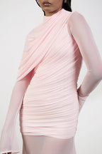 High-Neck Drapey Pleated Mesh Panel Maxi Dress In Pink