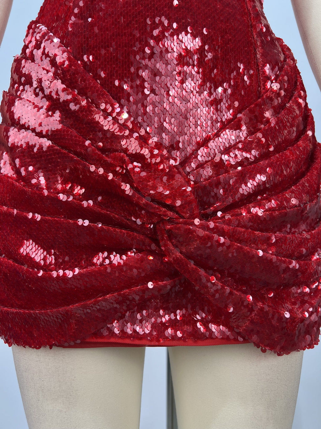 Juliet Sequin Ruched Beaded Strapless Bodycon Mini Dress In Red