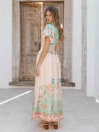 pink linen loose casual belt waist midi dress