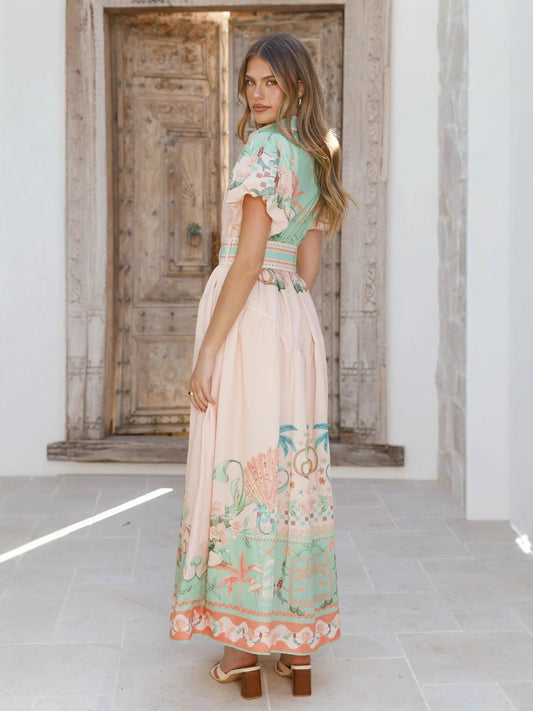 pink linen loose casual belt waist midi dress