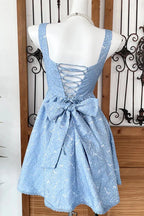 Beaded Square Neck Retro Jacquard Bow Strap Waist A-Line Mini Dress
