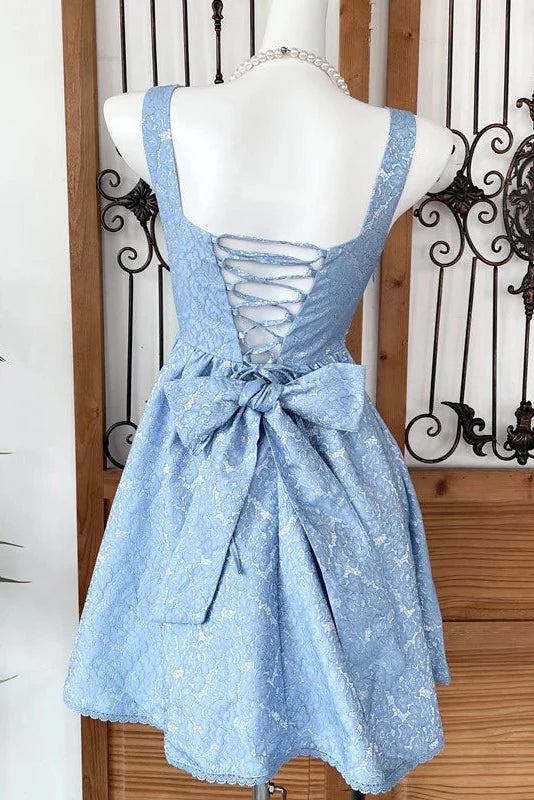 Beaded Square Neck Retro Jacquard Bow Strap Waist A-Line Mini Dress