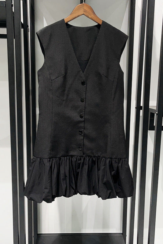 Flowering Girl Women Button Front Bubble Hem Mini Dress In Black