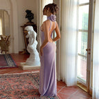 Flowering Girl Women Delia Sleeveless Back Flower Embellished Halter Maxi Dress In Pale Purple