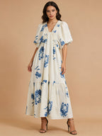 Flowering Girl Women susie Print Smocking Puff Sleeve Midi Dress - blue