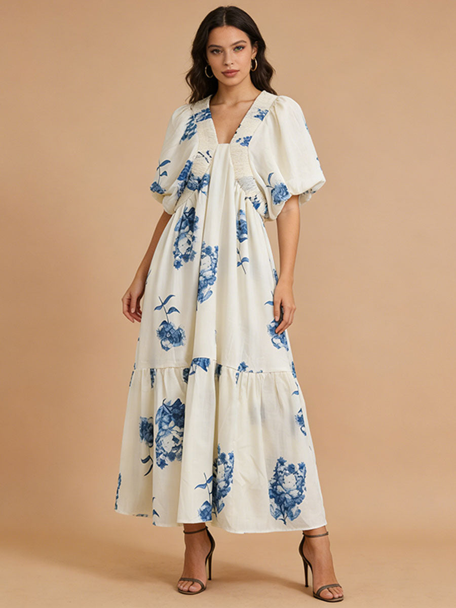 Flowering Girl Women susie Print Smocking Puff Sleeve Midi Dress - blue