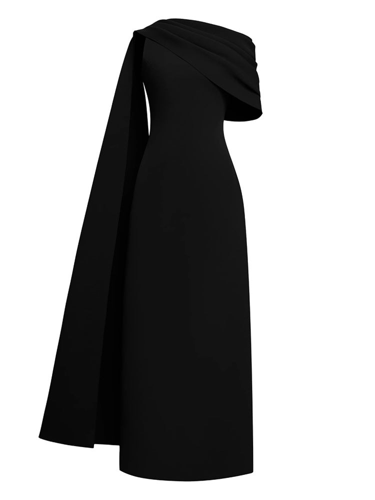 Sibyl One-Shoulder Knit Asymmetrical Pleated Maxi Dress In Black