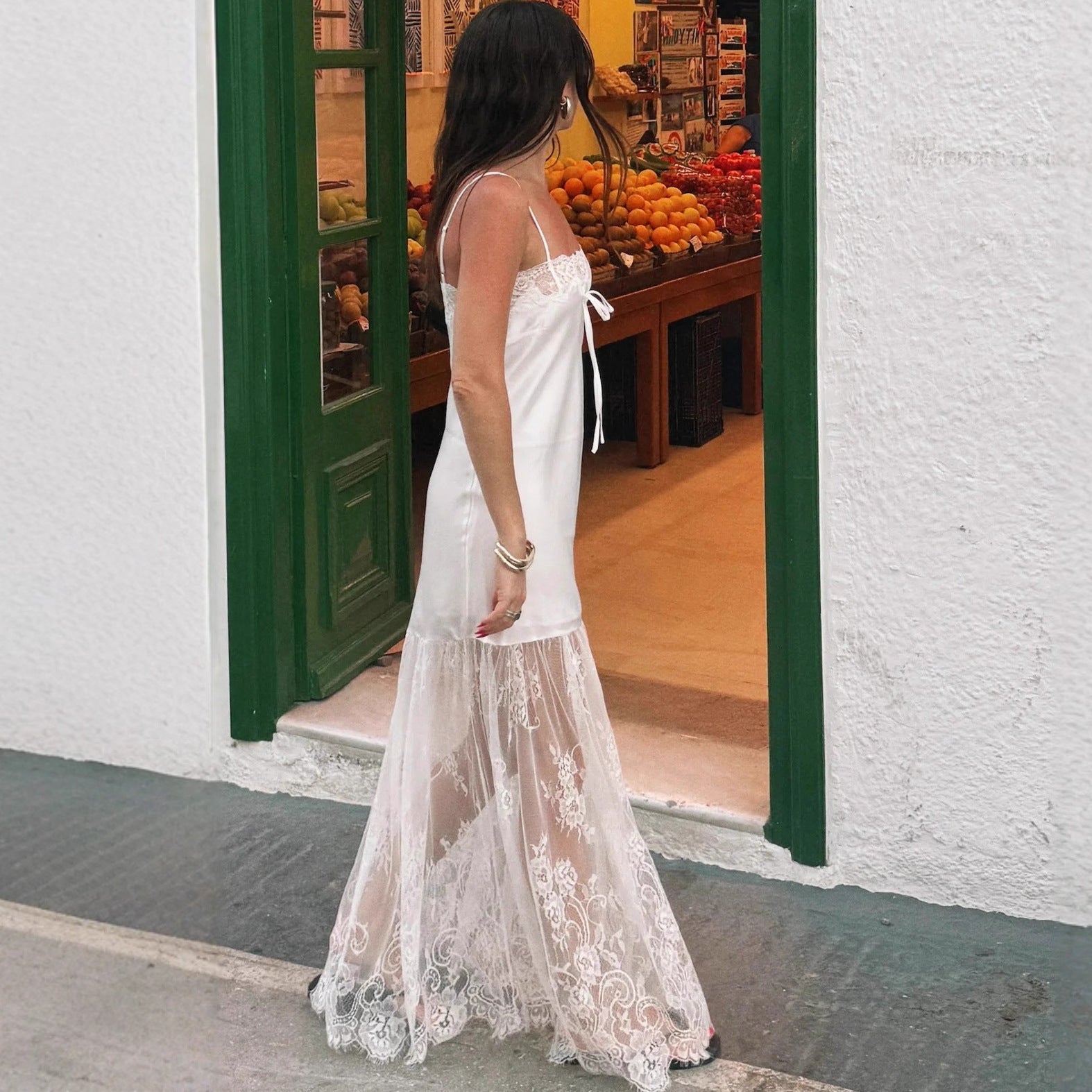 Flowering Girl Women Lace Hem Satin Slip Maxi Dress