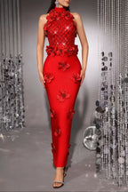 phoenix 3d flower sequin halter bandage maxi dress in red