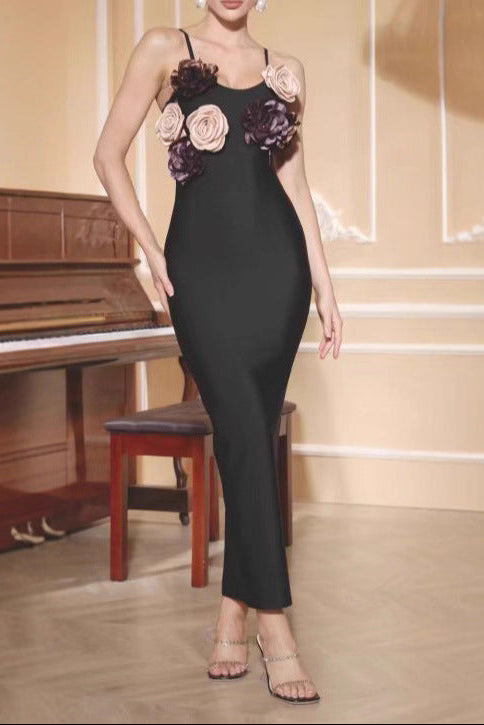 Teresa 3d Flower Spaghetti Strap Maxi Dress In Black