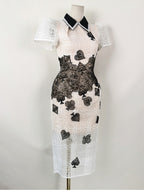 Flowering Girl Women Poker Patterns embellished midi dress in white