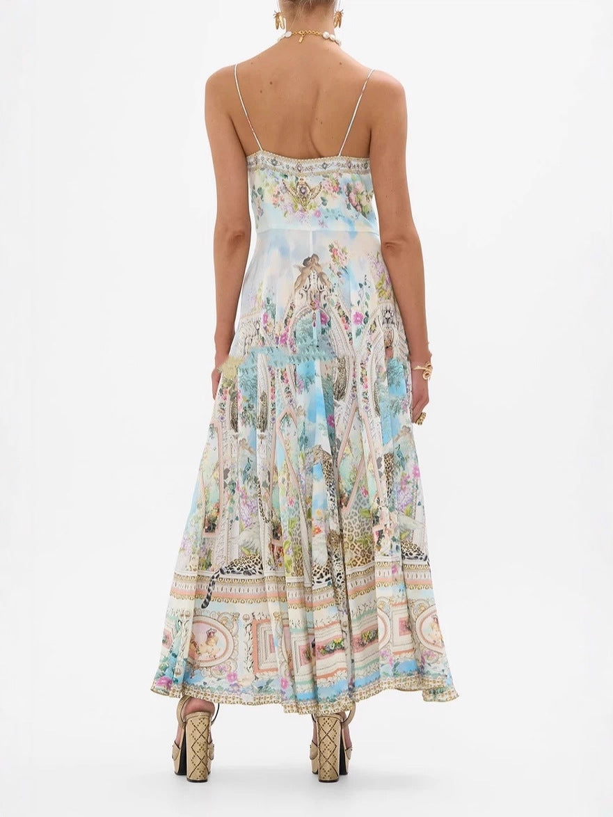 Flowering Girl Women Retro oil painting print halter maxi dress