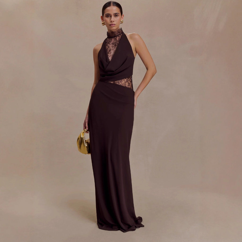 Flowering Girl Women Halter Lace Cutout Draped Maxi Gown