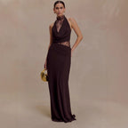 Flowering Girl Women Halter Lace Cutout Draped Maxi Gown