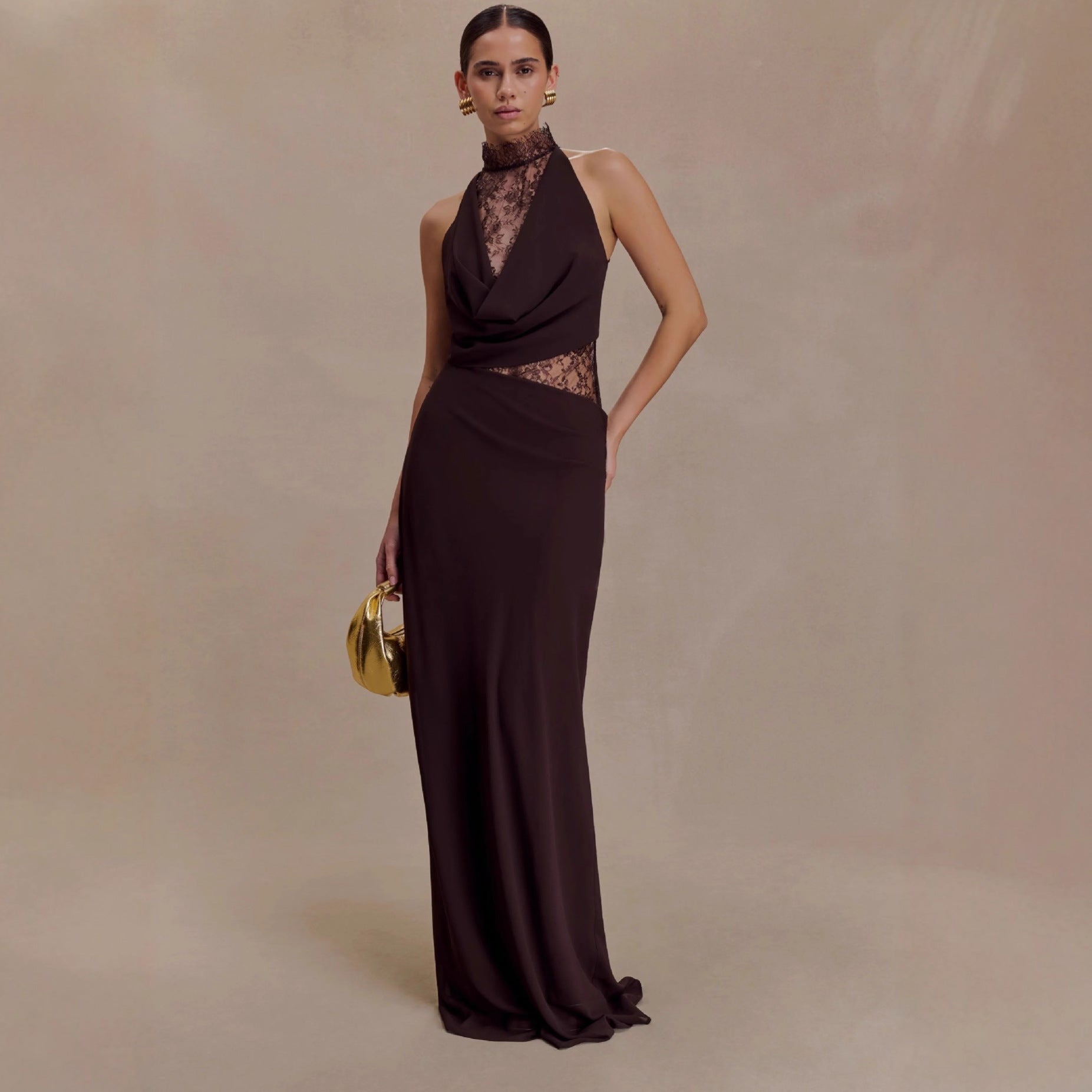Flowering Girl Women Halter Lace Cutout Draped Maxi Gown