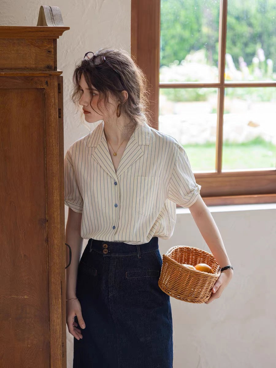 Flowering Girl Women striped texture cotton-linen short collar shirt