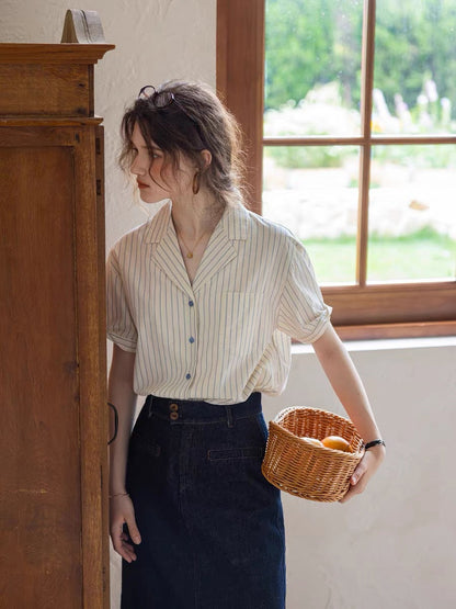 striped texture cotton-linen short collar shirt
