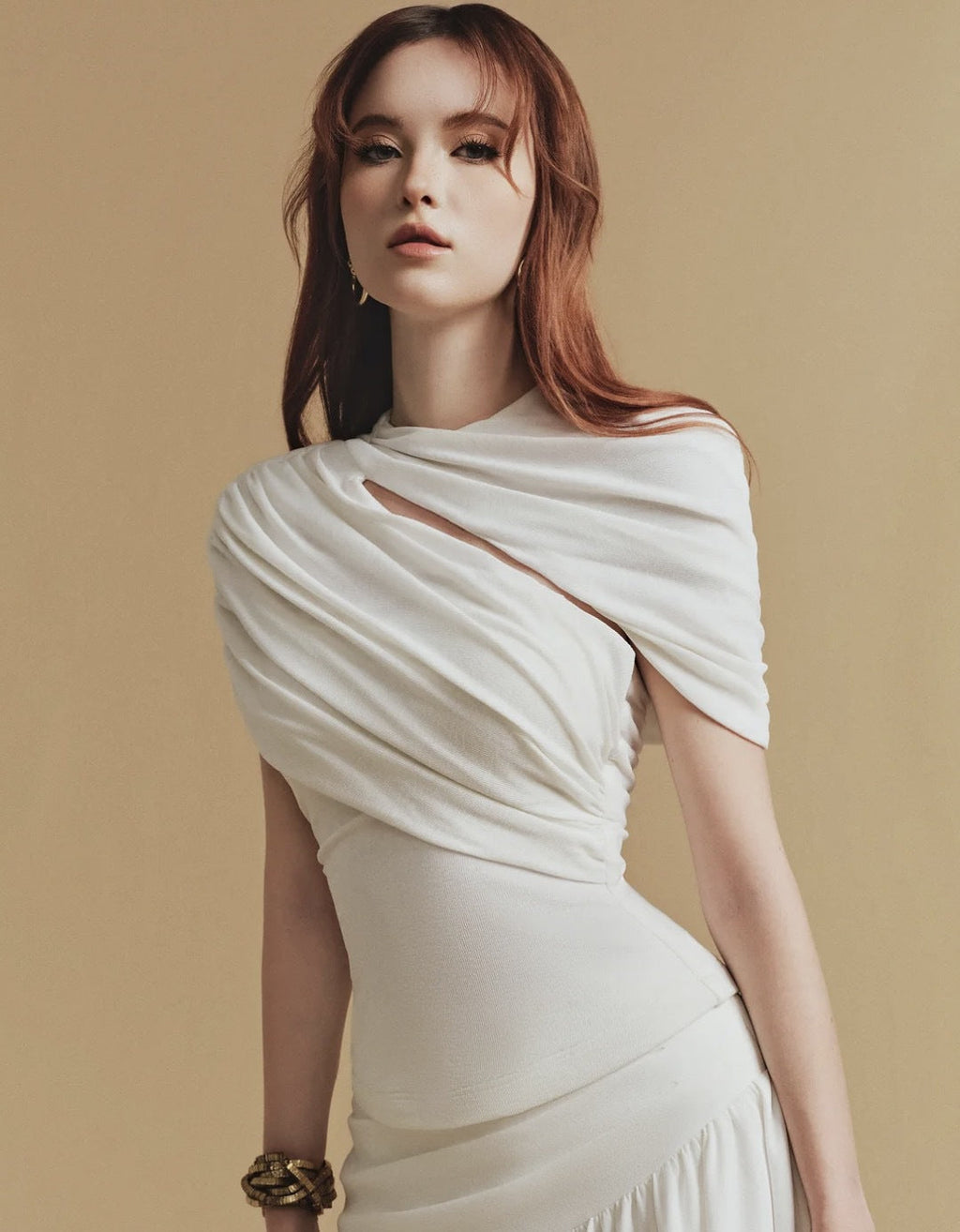 Flowering Girl Women CASSIA Asymmetrical ruched top Midi Skirt set in white