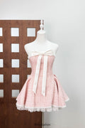Bow woven lace tube top mini dress in pink