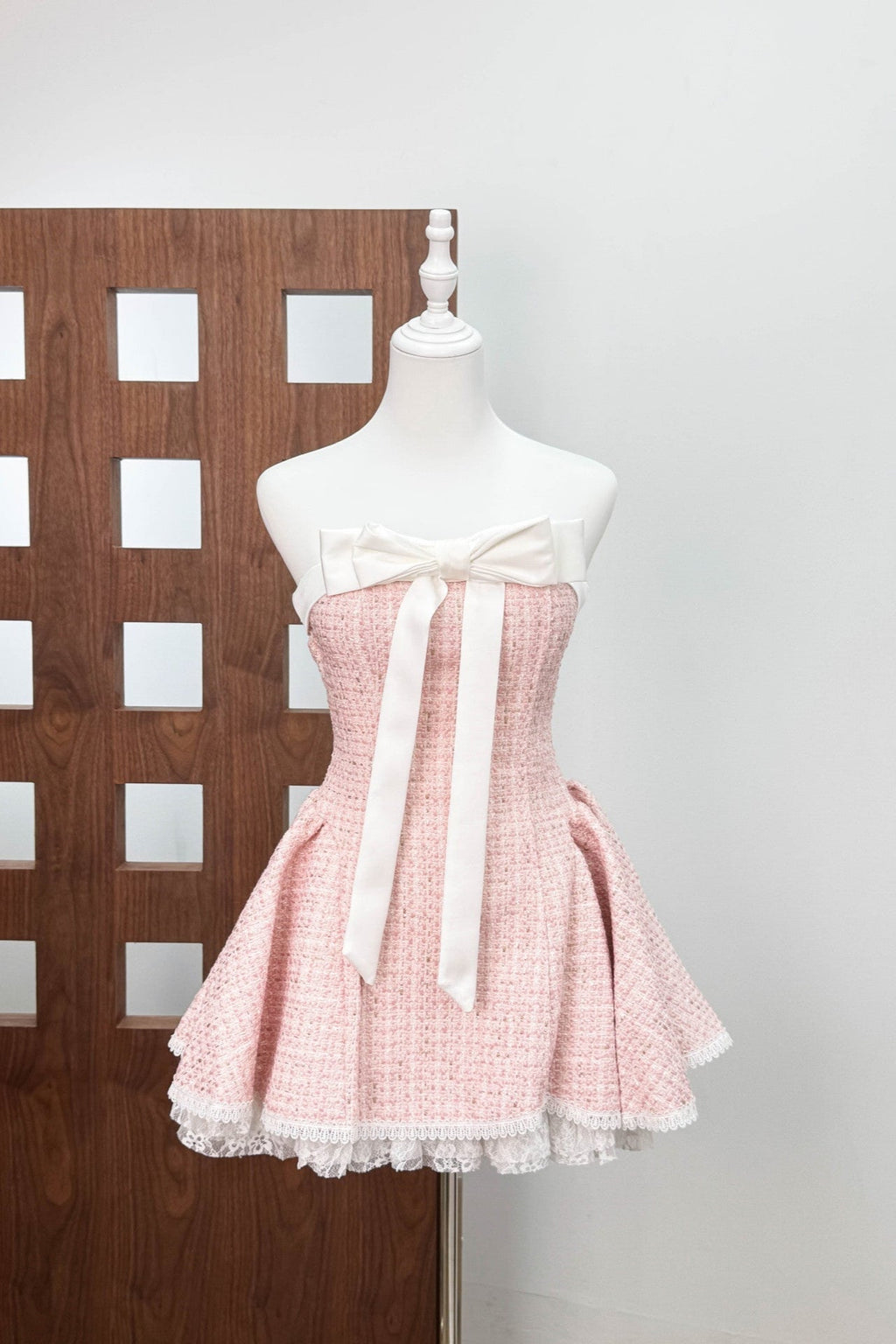 Bow Woven Lace Tube Top Mini Dress In Pink