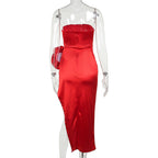 Flowering Girl Women Strapless Flower Satin Midi Dress