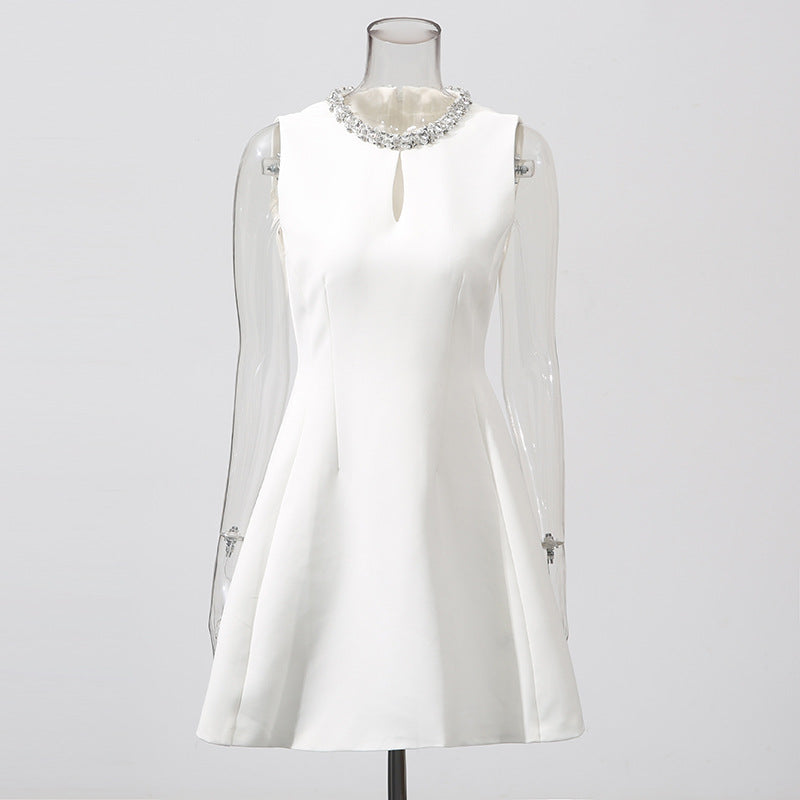 Flowering Girl Women Alyssa Round Neck Diamond Sleeveless Dress In White