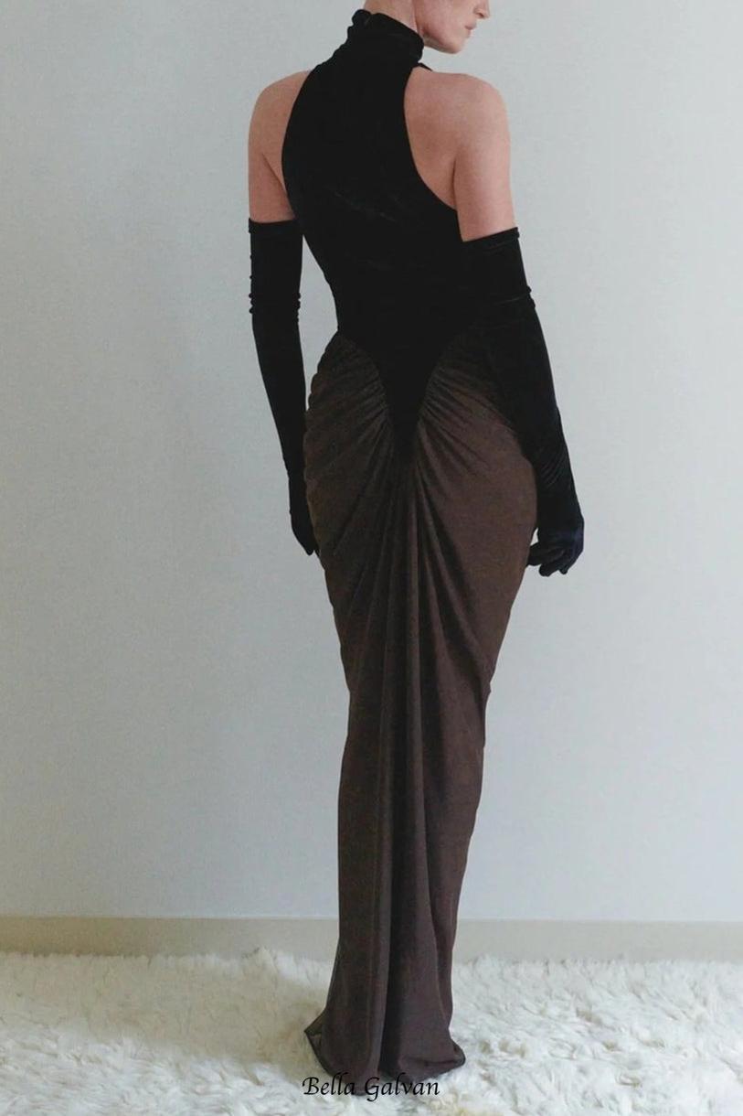 Flowering Girl Women velvet mesh patchwork maxi dress in black