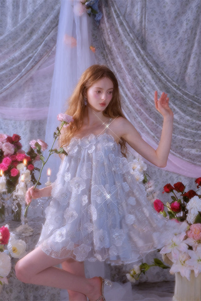 Tutu Light Blue Sleeveless Flower Diamond Short Doll Dress