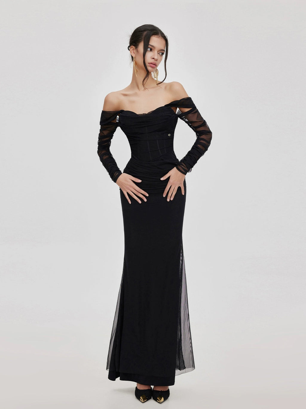 Ariel Black Mesh Off-Shoulder Mermaid Maxi Dress