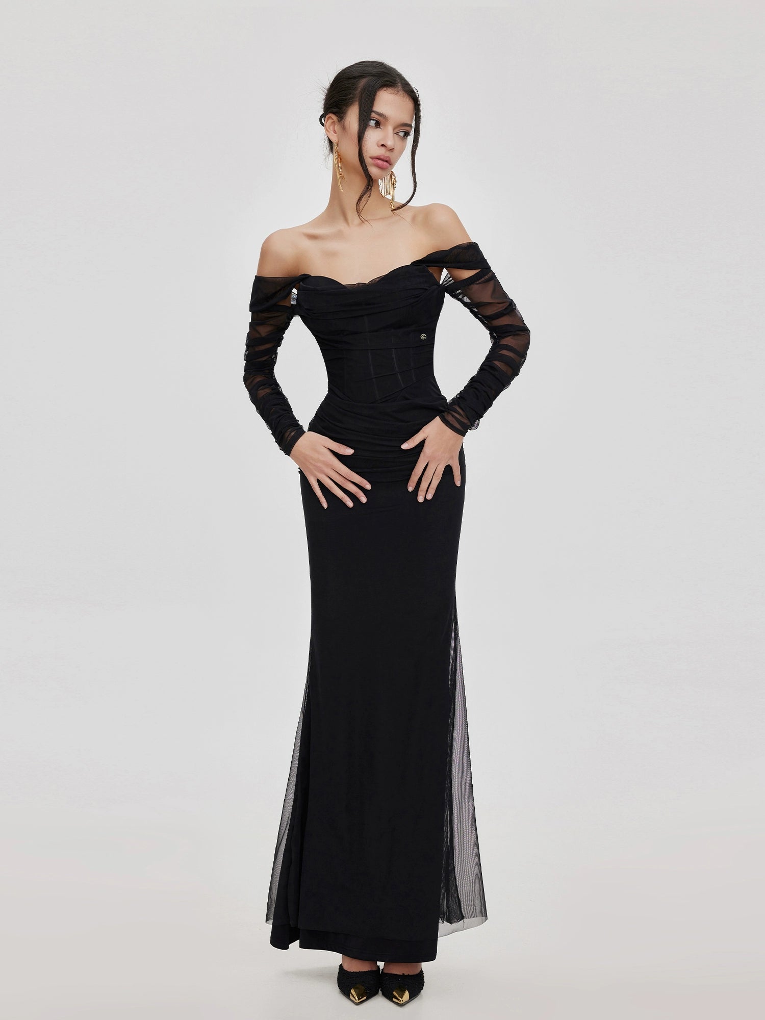 Ariel Black Mesh Off-Shoulder Mermaid Maxi Dress