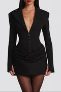 Flowering Girl Women black deep V long sleeve mini dress