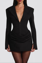 Flowering Girl Women black deep V long sleeve mini dress