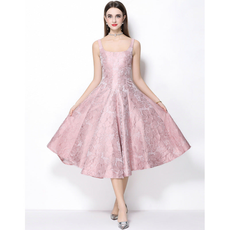 Beverly Vintage Jacquard Slip Midi Dress In Pink