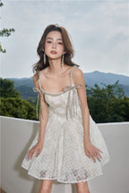 Beige Square Collar Sleeveless Lace Cocktail Dress